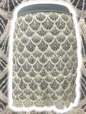 Ryu Beaded Mermaid Skirt M Pencil Fish Scales Scalloped Mini Slate Blue White